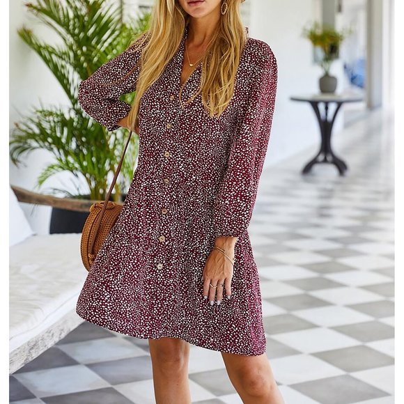 Red Confetti Print Button Down Shift Dress - Picture 3 of 11